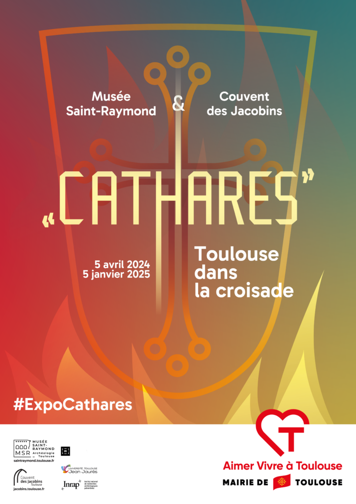 Affiche graphique de l'exposition "Cathares", Toulouse dans la croisade qui représente un bouclier, frappé d'une croix occitane, léché par les flammes